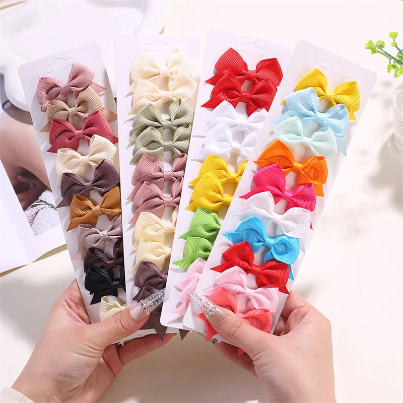 10PCS/Lot Solid Color Grosgrain Ribbon Bowknot Kids Hair Clips Handmade Bows Baby Girls Barrettes Hairpins Set