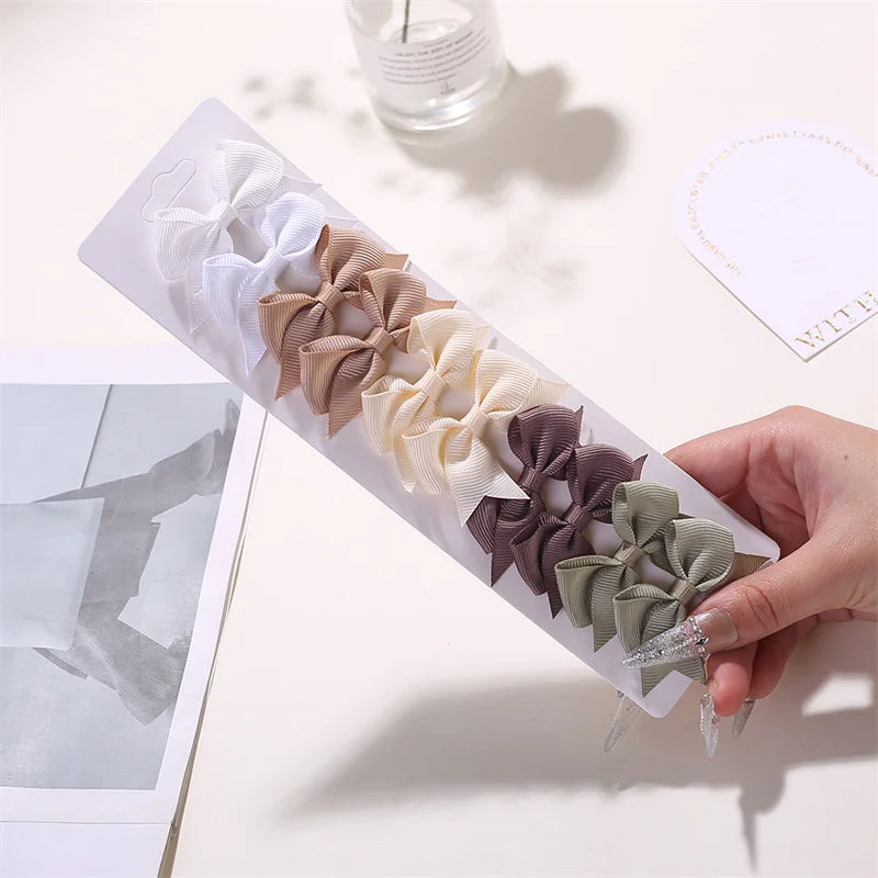 10PCS/Lot Solid Color Grosgrain Ribbon Bowknot Kids Hair Clips Handmade Bows Baby Girls Barrettes Hairpins Set
