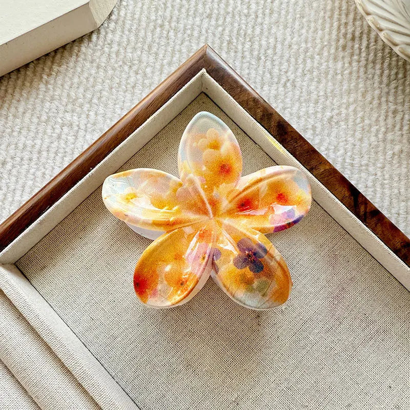 8CM Fashion Flower Shark Hair Clips, Printed Plumeria Plastic Hair Claw Clips for Women