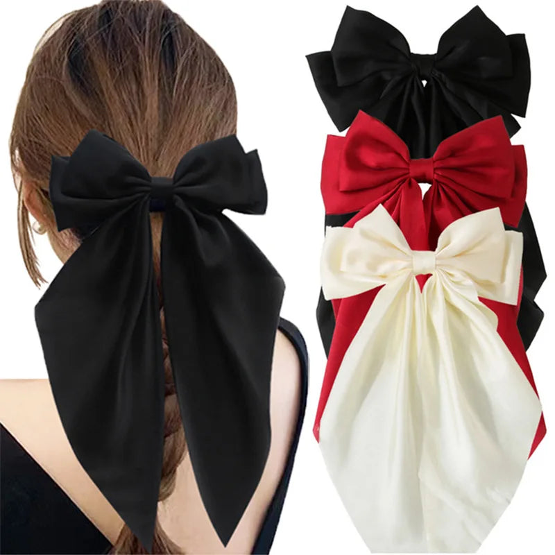 Elegant Long Bow Hair Clips for Women & Girls, Solid Color Satin Fabric Barrettes Hair Accessories