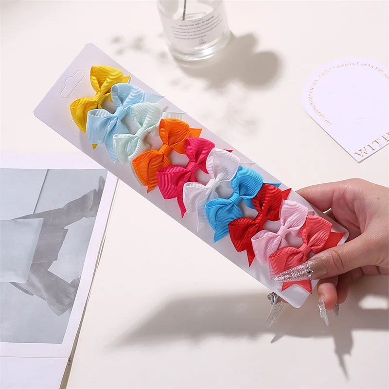 10PCS/Lot Solid Color Grosgrain Ribbon Bowknot Kids Hair Clips Handmade Bows Baby Girls Barrettes Hairpins Set