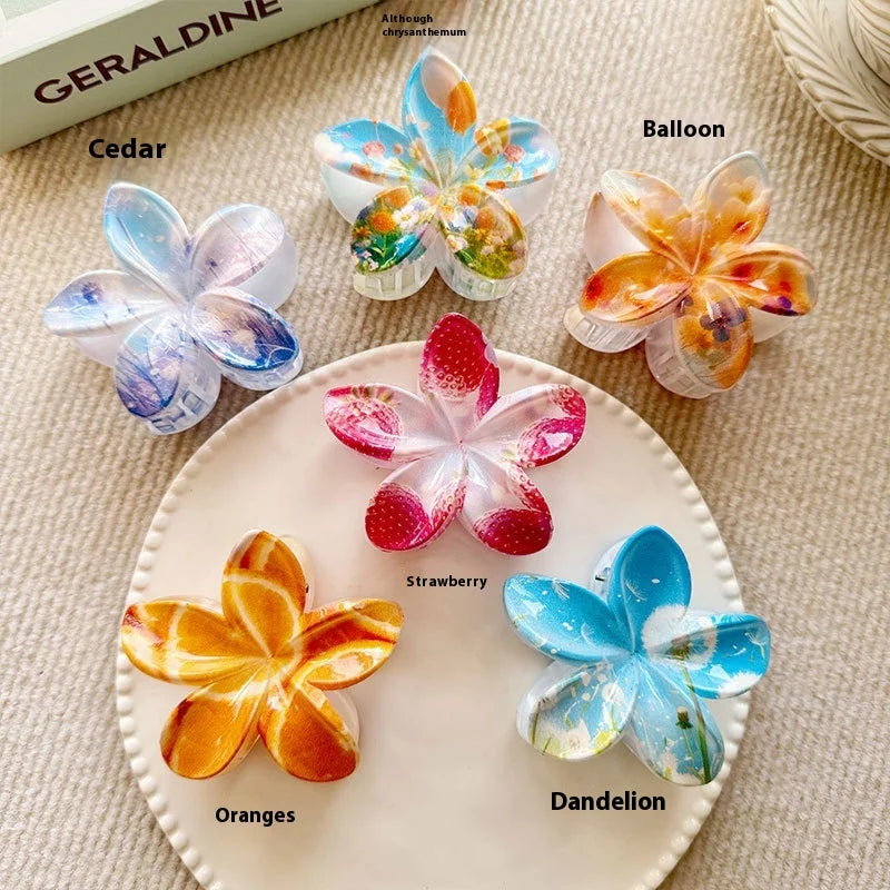 8CM Fashion Flower Shark Hair Clips, Printed Plumeria Plastic Hair Claw Clips for Women