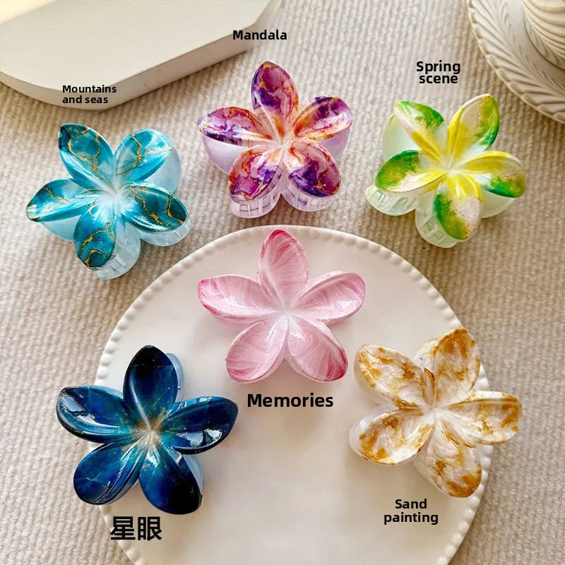 8CM Fashion Flower Shark Hair Clips, Printed Plumeria Plastic Hair Claw Clips for Women