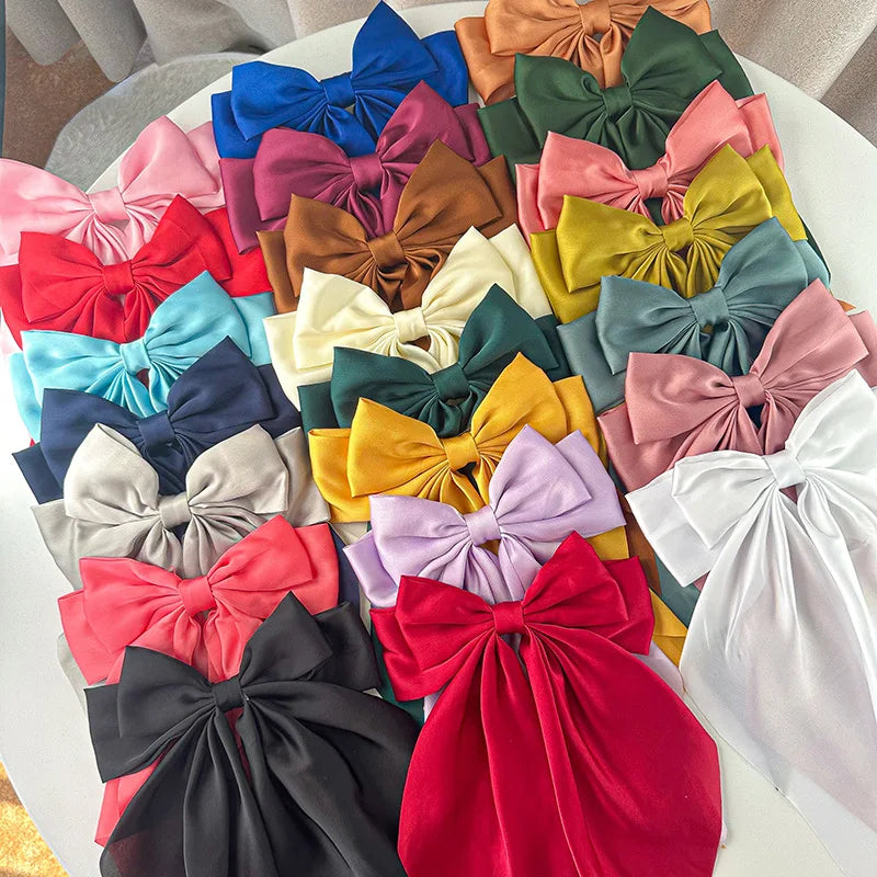 Elegant Long Bow Hair Clips for Women & Girls, Solid Color Satin Fabric Barrettes Hair Accessories
