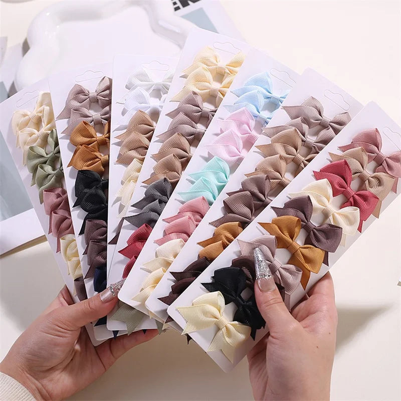 10PCS/Lot Solid Color Grosgrain Ribbon Bowknot Kids Hair Clips Handmade Bows Baby Girls Barrettes Hairpins Set