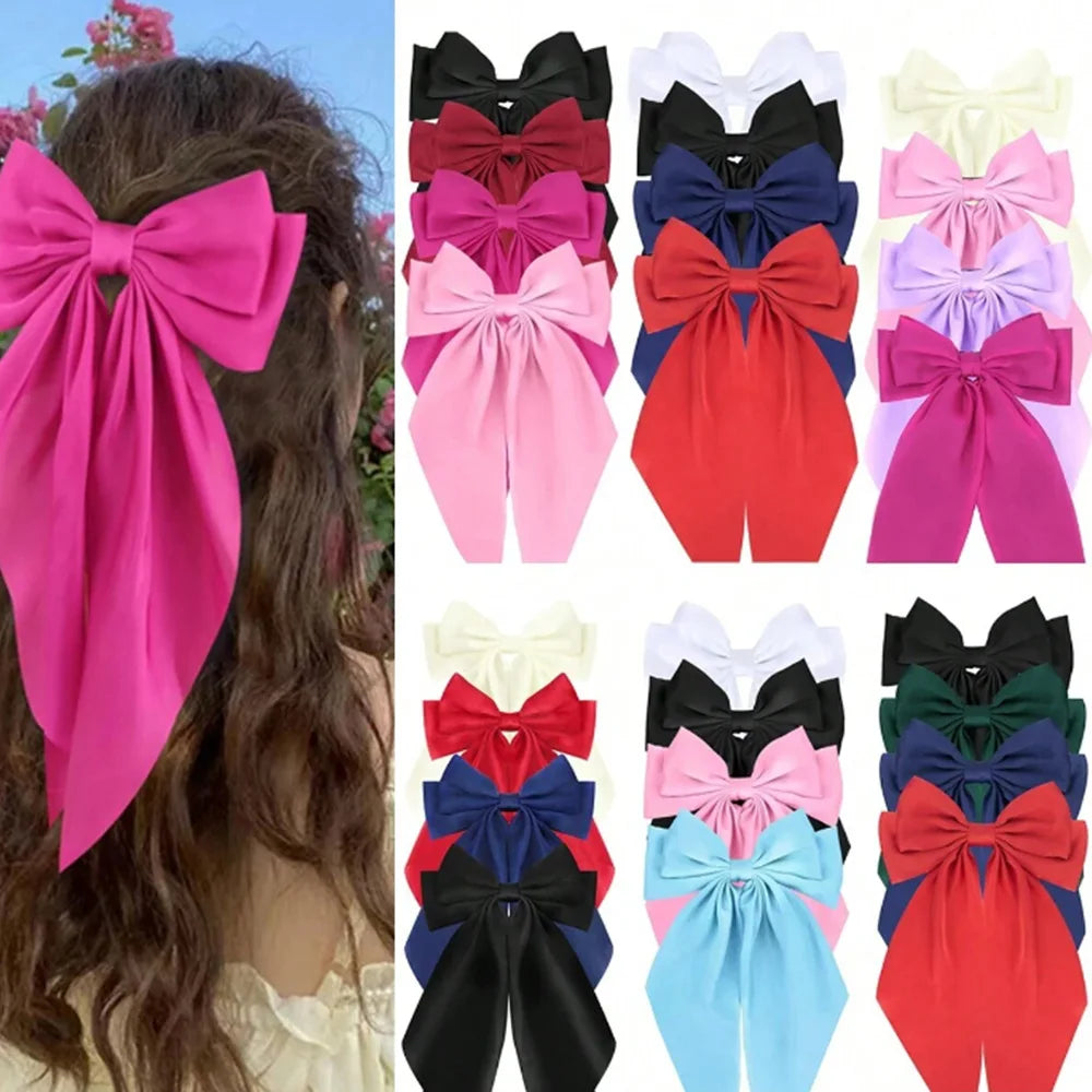 Elegant Long Bow Hair Clips for Women & Girls, Solid Color Satin Fabric Barrettes Hair Accessories
