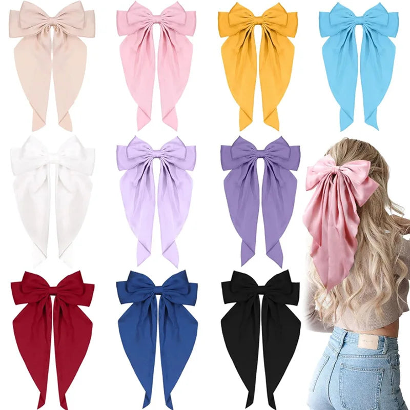 Elegant Long Bow Hair Clips for Women & Girls, Solid Color Satin Fabric Barrettes Hair Accessories