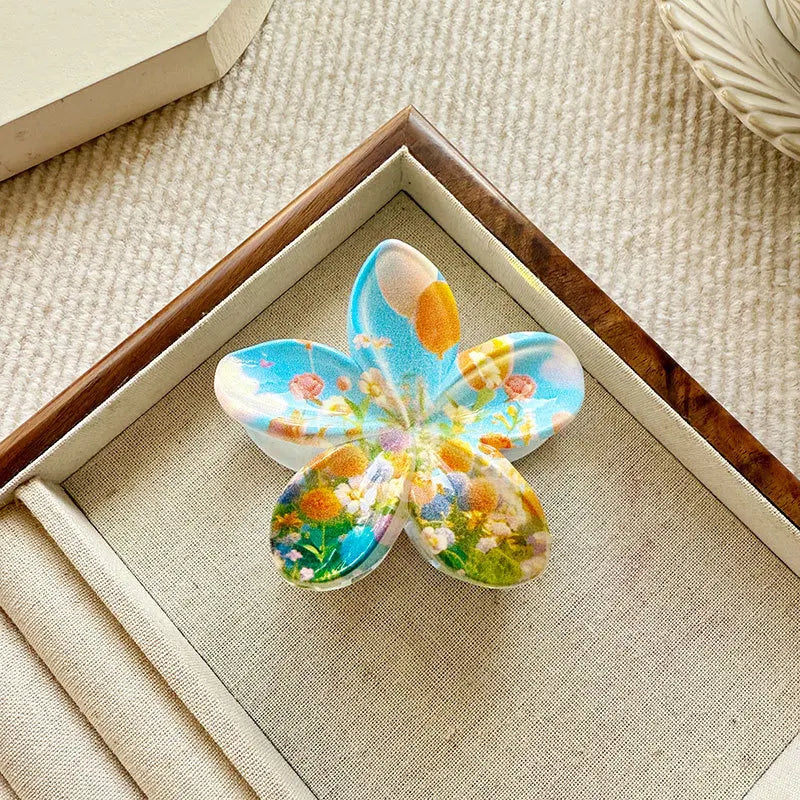 8CM Fashion Flower Shark Hair Clips, Printed Plumeria Plastic Hair Claw Clips for Women