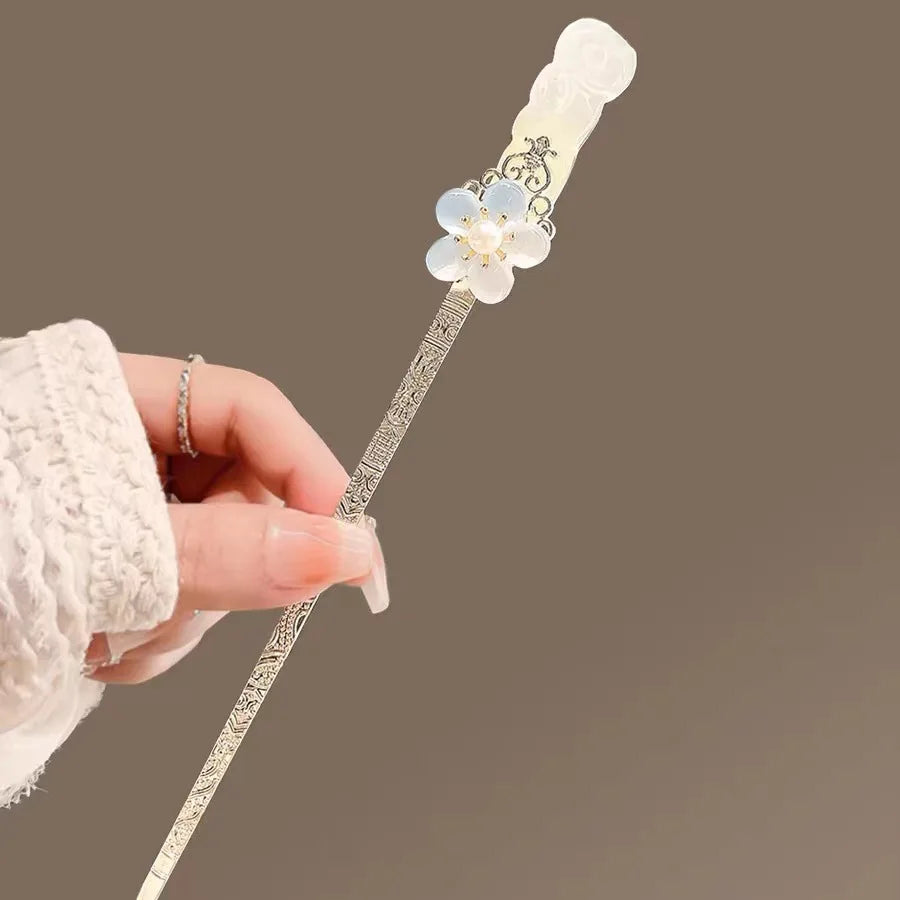 Ancient Style Carved Flower Metal Hair Sticks, Hanfu Hairpins for Women, Elegant Back Head Hair Accessories